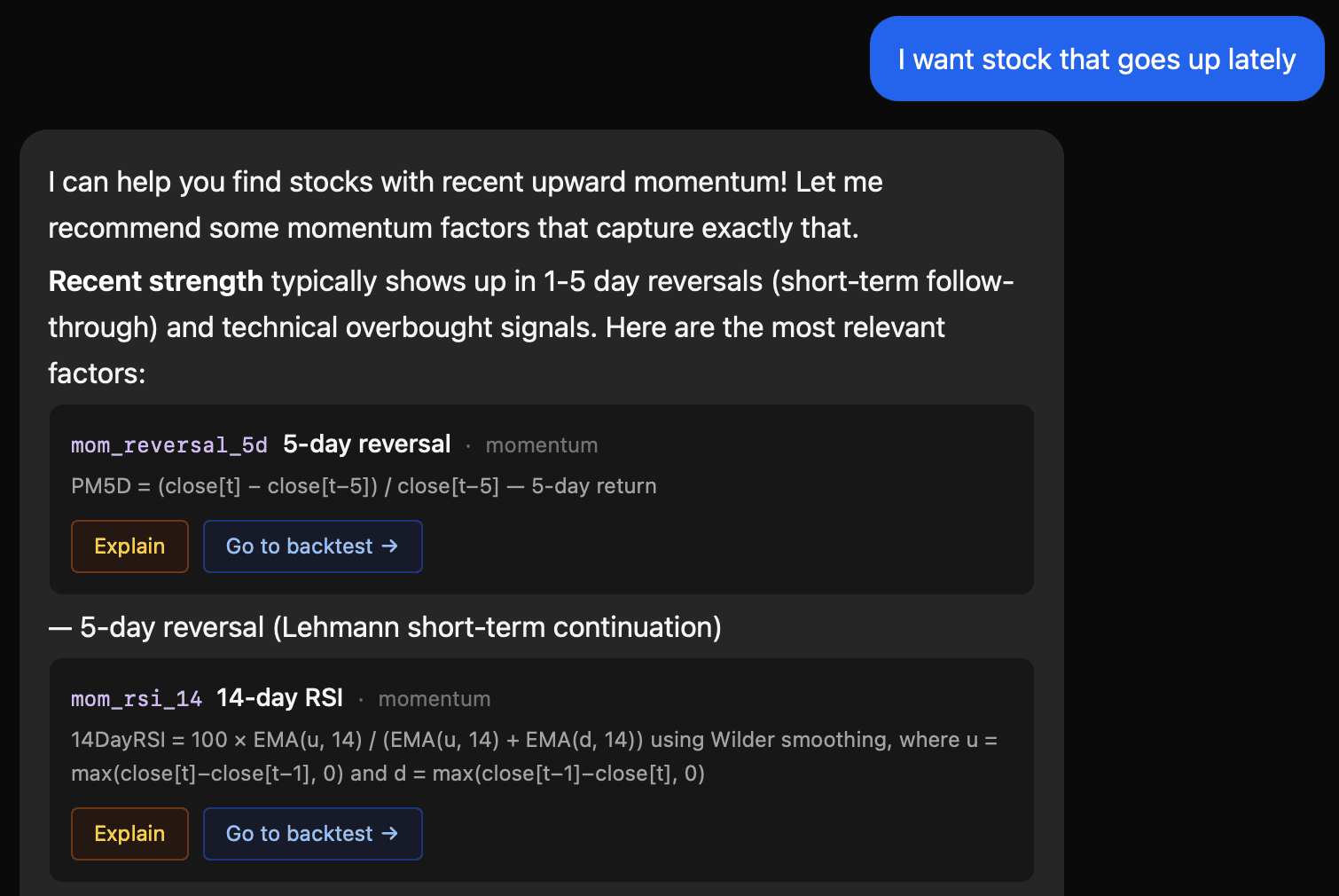 The AI chat replying to 'I want stock that goes up lately' with three factor recommendations: 5-day reversal, 14-day RSI, and KD(9).