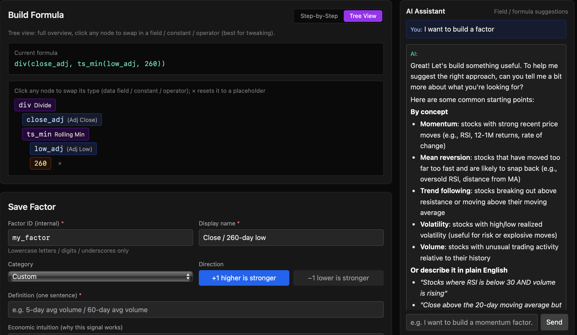 Custom Factor Workshop: a tree-view formula div(close_adj, ts_min(low_adj, 260)) being assembled from drag-and-drop tokens, with an AI Assistant panel on the right suggesting starting points.